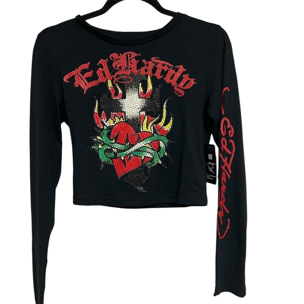 Ed Hardy Womens T-Shirt Size M Black Long Sleeve Cropped Graphic